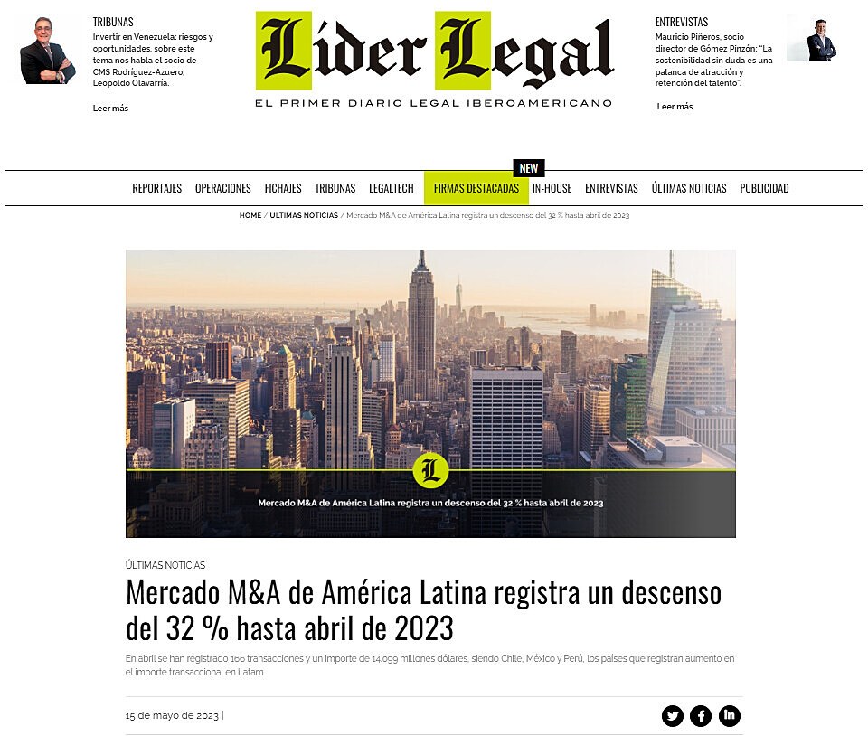 Mercado M&A de Amrica Latina registra un descenso del 32 % hasta abril de 2023
